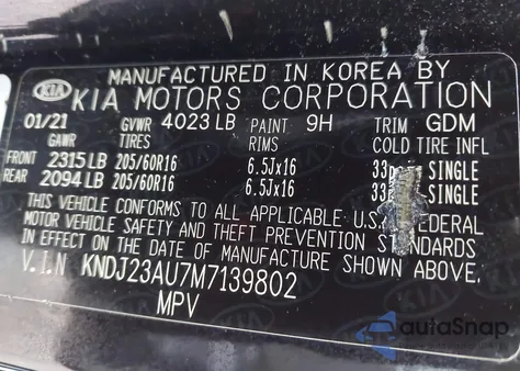 2021 Kia Soul Lx z USA, uszkodzony, nr VIN KNDJ23AU7M7139802